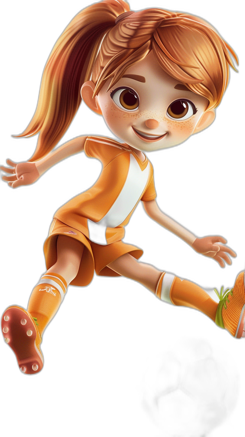 A cute little girl in an orange and white football uniform, in the Pixar style, as a Disney cartoon character, with her full body on a black background, with big eyes, brown hair in a ponytail braid, smiling face, and in a running pose. High definition details, high resolution, and sharp focus.