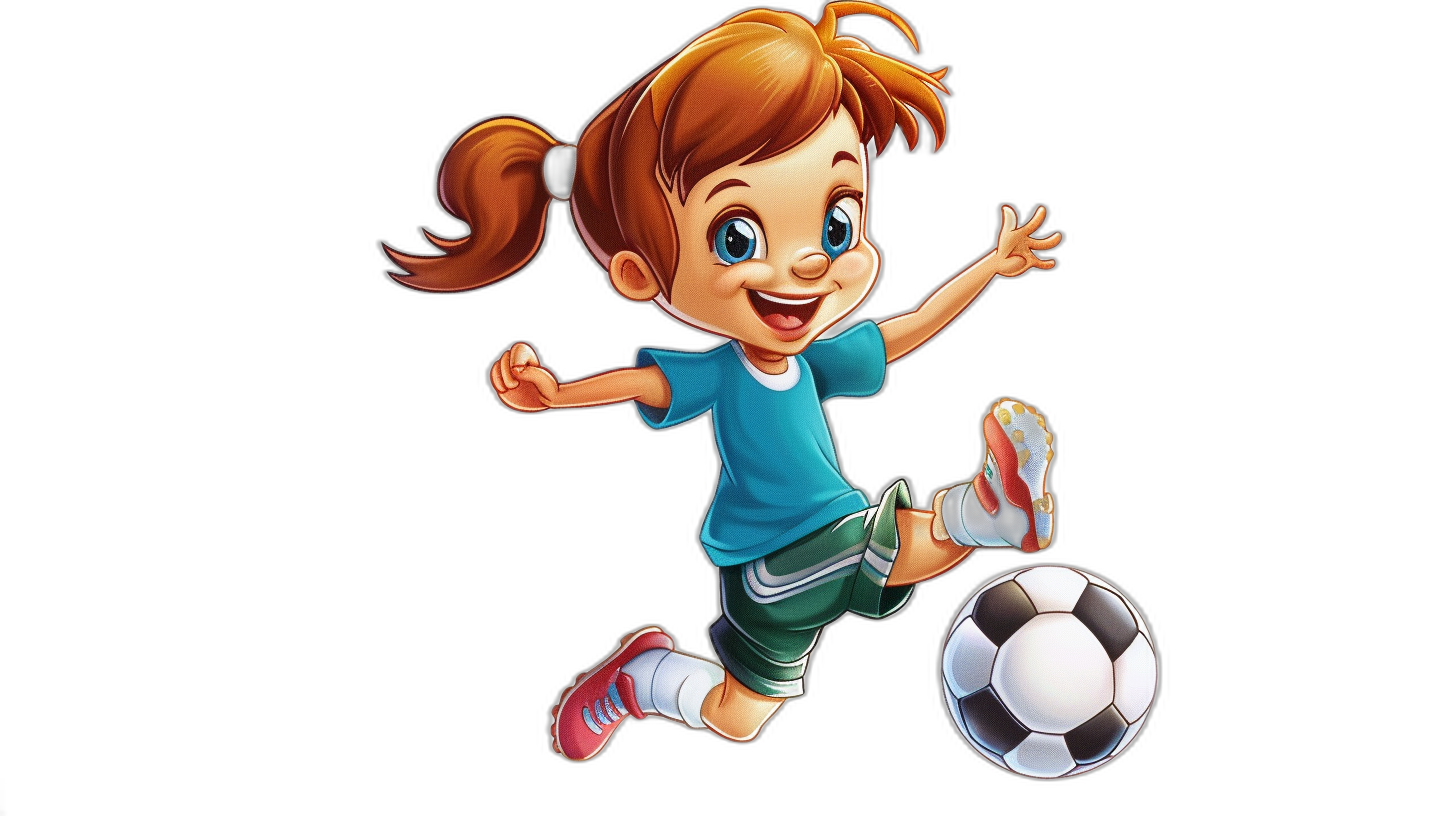 cartoon illustration of a happy little girl playing soccer against a black background, in high definition