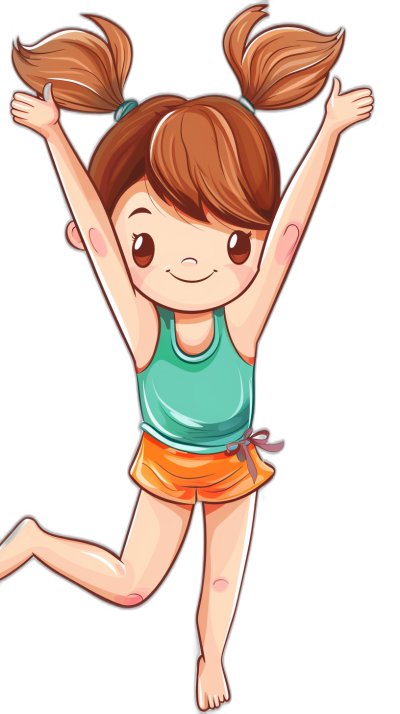 A cute happy cartoon girl with pigtails doing jumping jacks in the style of clip art on a black background.