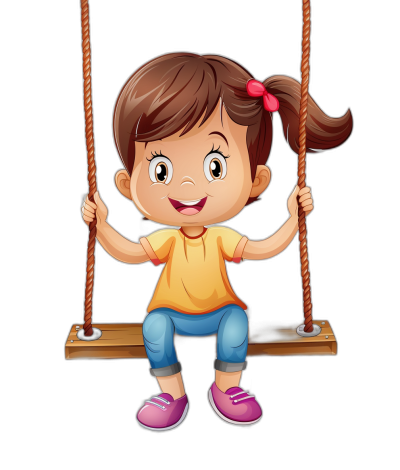 A cute cartoon girl sitting on the swing, with a happy facial expression, in the style of clip art style on an isolated black background.