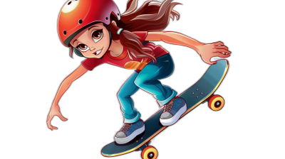 A girl in an orange helmet and red shirt is riding on her skateboard, in the style of cartoon, vector illustration, full body shot, black background, colorful , 2d game art, cute character design, 3D rendering, high resolution, high details, sharp contrast, super detailed.