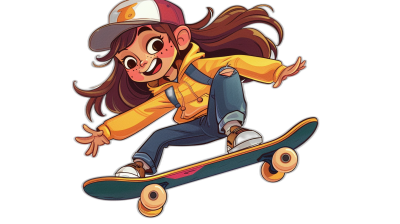 girl on skateboard, cartoon style vector illustration in the style of [Eiichiro Oda](https://goo.gl/search?artist%20Eiichiro%20Oda). Black background. She is wearing jeans and a yellow jacket with a baseball cap. Her hair has long brown pigtails. She wears white sneakers. The girl's face looks happy and excited. It should look like it was drawn in the style of manga artist [Frank Cho](https://goo.gl/search?artist%20Frank%20Cho).