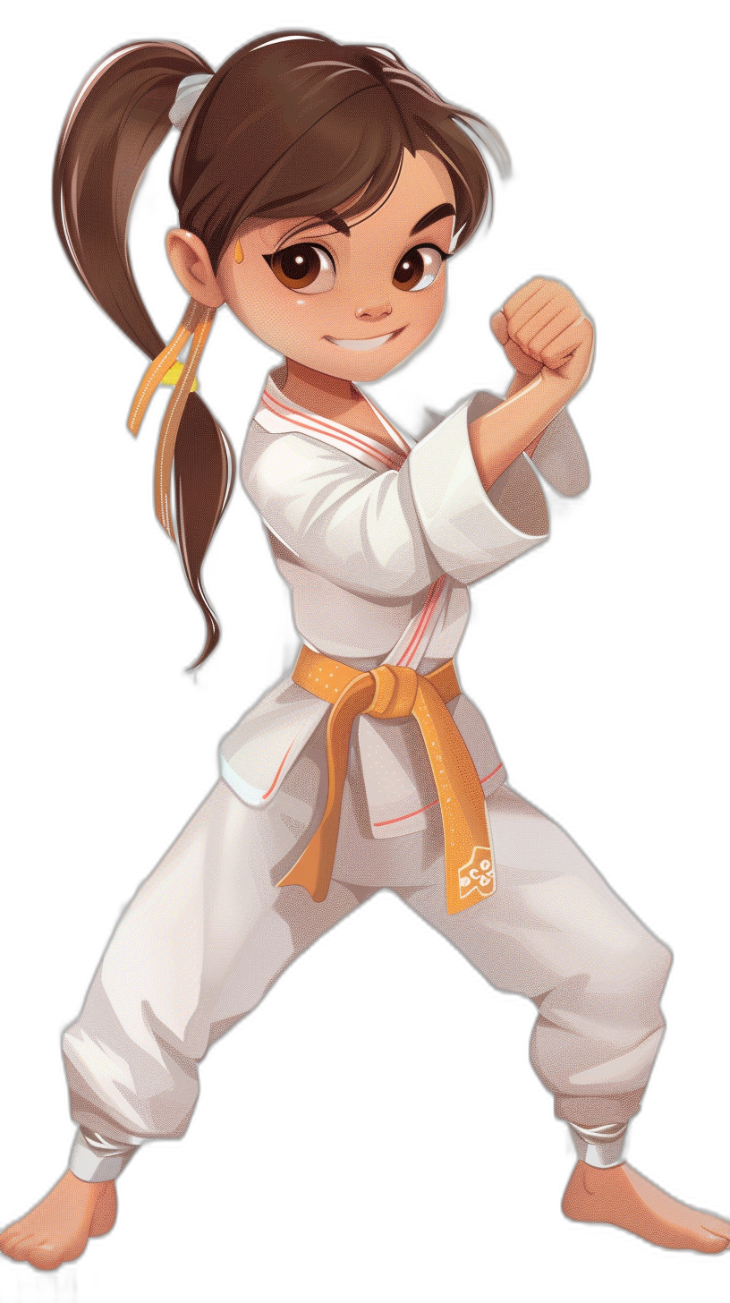 A young girl with brown hair in pigtails, wearing white karate attire and an orange belt is practicing martial arts moves. She has big eyes and smiles confidently as she stands tall against the black background. The illustration style should be cartoonish with bold lines and vibrant colors to highlight her energy and determination. This character will appear on one side of the game screen, drawn in the style of a cartoon with bold lines and vibrant colors.