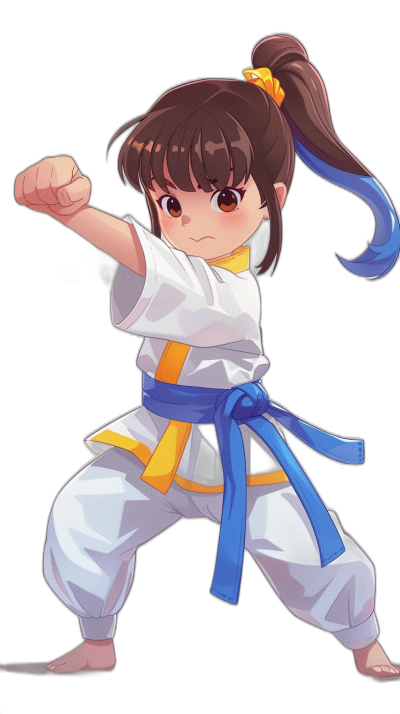 A young girl in a white jiu-jitsu gi with a blue belt, doing a karate kick pose, full body portrait, cute face, dark brown hair in a ponytail and bangs, yellow headband on her forehead, flat black background, anime style, 2D cartoon, cel-shaded concept art, detailed character design in the style of [Akihiko Yoshida](https://goo.gl/search?artist%20Akihiko%20Yoshida) Niji.