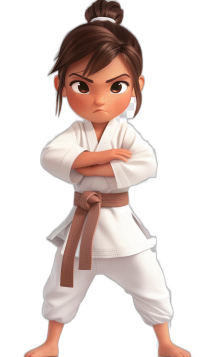 Disney Pixar style character of a little girl with brown hair in a ponytail, wearing a white karate outfit and belt, with her arms crossed and a very serious expression, against a black background in a full body shot.