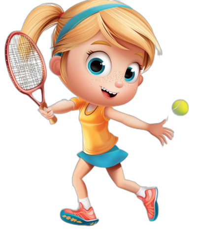 A cute blonde girl playing tennis in the style of Pixar and Disney animation with a black background, children's book illustration character closeup