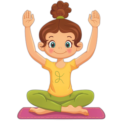 A cartoon girl doing yoga in a flat illustration style with a simple and cute expression. The vector illustration has a black background and shows the girl wearing a yellow t-shirt with green pants on her legs. Her hands are raised above her head as she does a yoga pose, with a smiling face showing happiness while practicing the yoga position. She has brown hair in a high ponytail, big eyes, and a small nose. The full body portrait shows her standing on a pink mat under her feet.