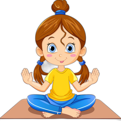 A cute little girl doing yoga in an cartoon style vector illustration with a black background. She has brown hair in pigtails and is wearing blue pants and a yellow t-shirt. Her hands form the lotus position while she sits on her knees looking at you from above with big eyes and a smiling mouth. The colors of her  are bright yellow for the shirt and dark blue pants. Vectorized with a white color palette, no shadows, in the style of vector art. Isolated object on an isolated background.