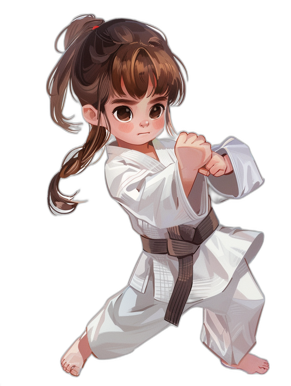 chibi style, little girl with brown hair in a ponytail doing a karate kick wearing a white Gi and black belt, full body, black background, digital art in the style of [Artgerm](https://goo.gl/search?artist%20Artgerm) and [Loish](https://goo.gl/search?artist%20Loish), Disney animation, [Studio Ghibli](https://goo.gl/search?artist%20Studio%20Ghibli)