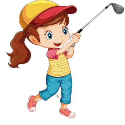 A cute young girl playing golf in the style of clip art, in the style of isolated on a black background, without shadow.