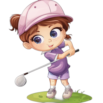 A cute young girl playing golf in the style of clip art, in the style of black background, wearing a purple and white uniform with a cap, big eyes, cartoon character design.