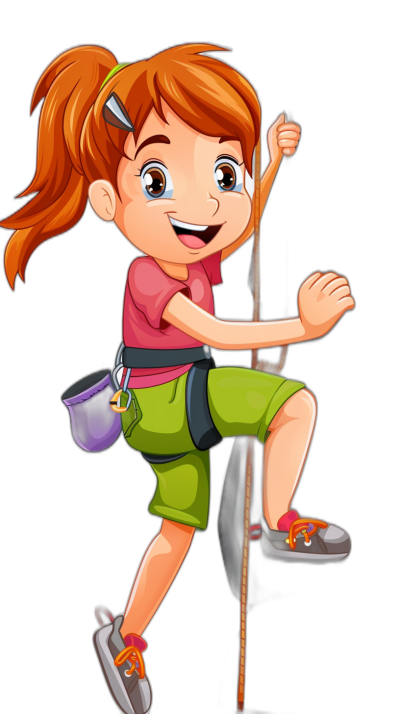 A cartoon girl climbing with ropes, happy expression, black background, colorful  and shoes, green short pants, pink shirt, brown hair in a ponytail style, purple backpack hanging on her shoulder. Pixar style vector illustration, cute character design, full body shot, simple flat illustration, high resolution, high details, high quality, high sharpness, high contrast, 2D graphic.