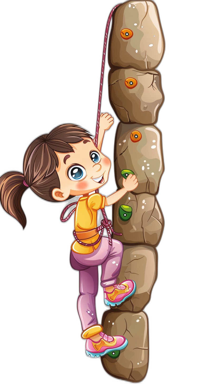 A cute cartoon girl climbing a rock wall in the style of clip art with a black background.