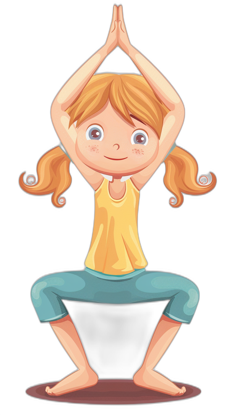 cartoon of cute girl doing yoga in the style of clip art, in the style of black background