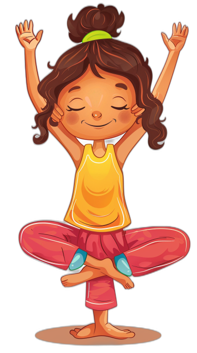 cartoon of happy little girl doing yoga, in the clip art style, on a black background