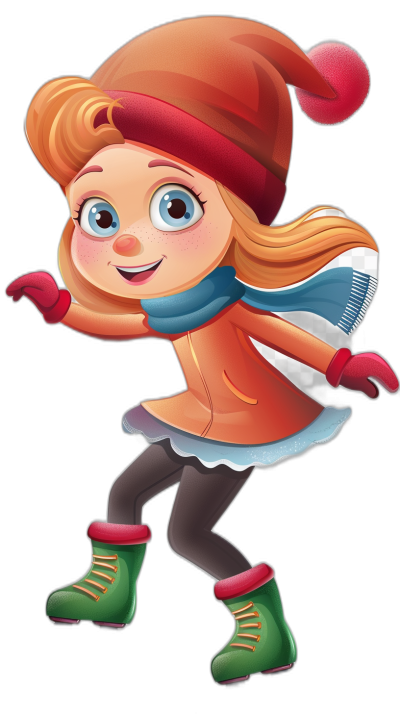 Cute cartoon girl ice skating, clip art on black background, vector illustration for children's book, character design and expression, full body shot, wearing red hat with ear flaps, scarf around neck, orange long-sleeved top, short skirt with blue collar and pink trim, green boots, happy face, colorful cartoon style, high resolution in the style of a cartoon.