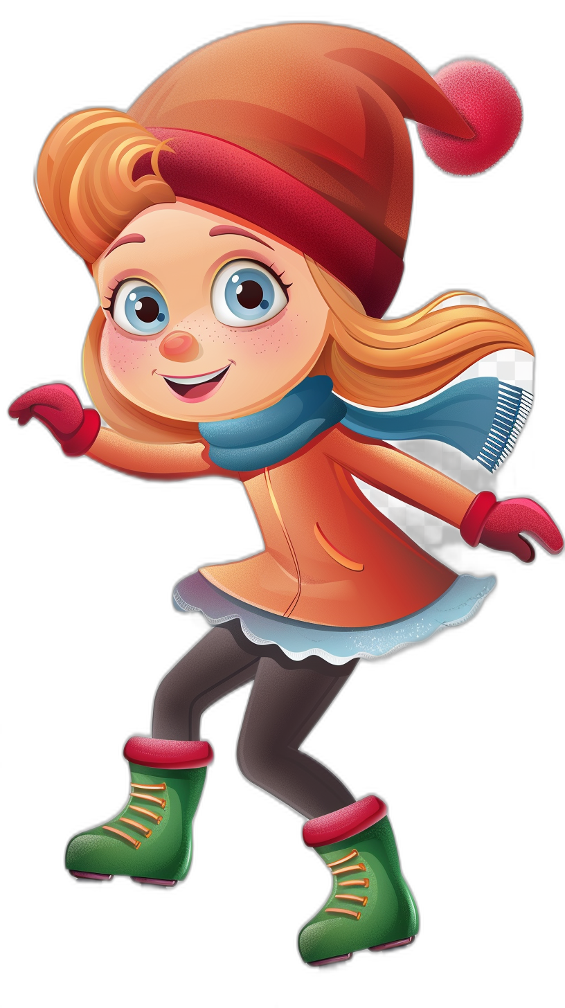 Cute cartoon girl ice skating, clip art on black background, vector illustration for children’s book, character design and expression, full body shot, wearing red hat with ear flaps, scarf around neck, orange long-sleeved top, short skirt with blue collar and pink trim, green boots, happy face, colorful cartoon style, high resolution in the style of a cartoon.