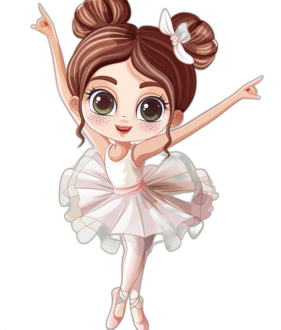 Cute chibi ballerina with brown hair in pigtails, wearing a white tutu and pointe shoes, holding her arms up high in the style of a clipart style isolated on a black background