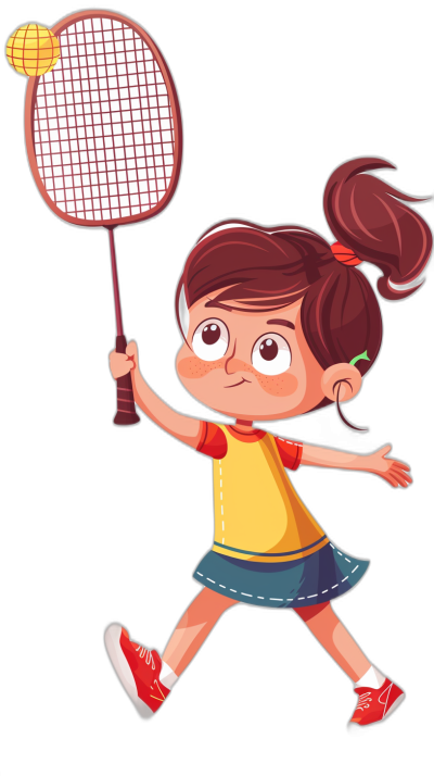 A little girl playing badminton in the style of a cartoon, with simple lines on a black background, as a flat illustration in the graphic design-inspired style, with flat color illustration and cartoon character design using vector graphics and flat illustration techniques inspired by graphic design, featuring bold colors and solid patterns, in high resolution with high detail and quality.