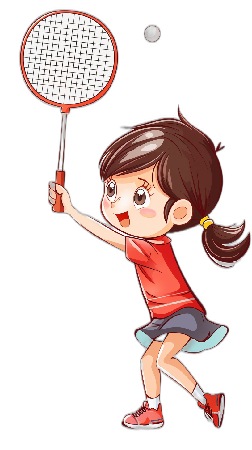 A cute little girl playing badminton, in the style of vector illustration, simple and smooth lines, black background, red , cartoon character, cute eyes, holding racket in hand, in the style of Disney animation, by Gary D Sanchez.