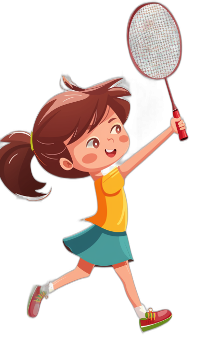 A cute little girl playing badminton in the style of clip art with a solid black background, high quality, high resolution, 2D cartoon.