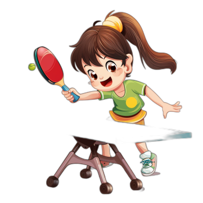 A cute little girl is playing table tennis with her head tilted back, holding the racket in one hand and hitting the ball on top of an iron stroller in the style of a cartoon. The illustration is in a vector style with a pure black background and high definition resolution with high detail.