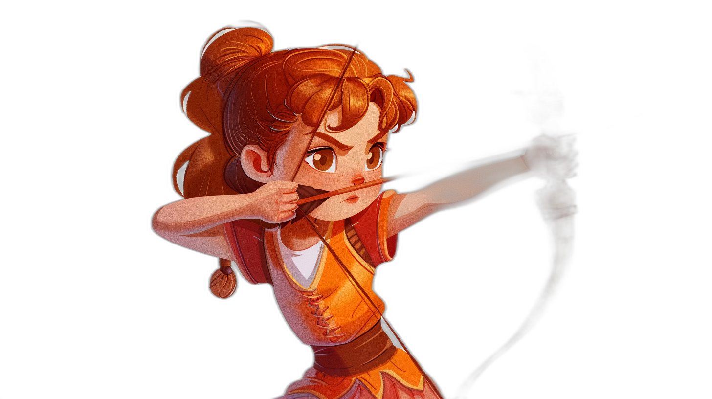 A cute little girl with an orange dress and hair in pigtails, holding up her bow to shoot arrows at the camera, against a black background, in the 2D game art style, in the style of Disney animation, charming character illustrations, bold cartoon lines, simple details, strong use of color contrast, low angle perspective, bright light, full body portrait, solid color, simple background.