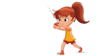 A little girl is playing baseball in a cartoon style with a black background and simple lines. She has a cute and funny expression with bright colors in an animation style. She holds the bat in both hands with one hand on her shoulder and looks at you smiling happily. Her hair was tied back into two ponytails, and she held up an orange rubber ball to add realism.