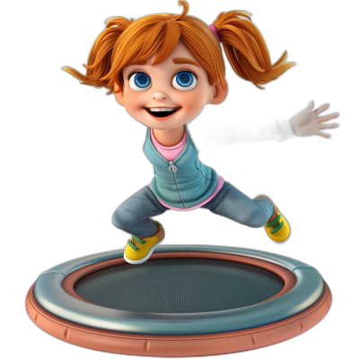 3D cartoon, happy little girl with pigtails jumping on a trampoline, in the style of Pixar, adorable eyes, lovely, very detailed photo, high resolution, studio lighting, black background