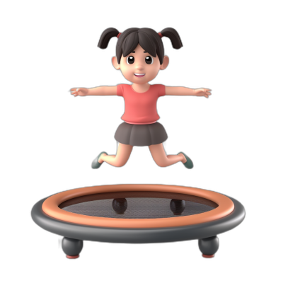 3D Asian girl jumping on a trampoline, with a happy facial expression, on a simple background, in the style of Pixar, in a cartoonish and cute style, with a black ground color, of a simple design, with simple details, as a full body shot, at a high resolution, of high quality.