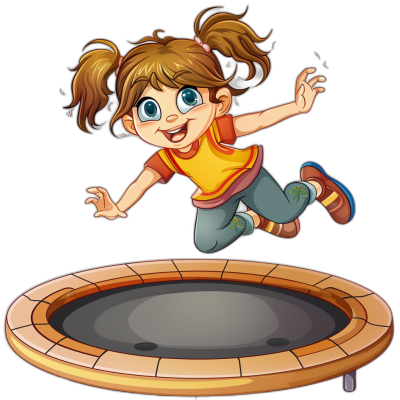 A cartoon girl jumping on the trampoline in a vector illustration style with a black background. She has big eyes and long brown hair in pigtails. She wears an orange shirt underneath blue jeans. The bouncy surface of the trampoline is shown, isolated on a white background, in the style of a Vector Illustration.