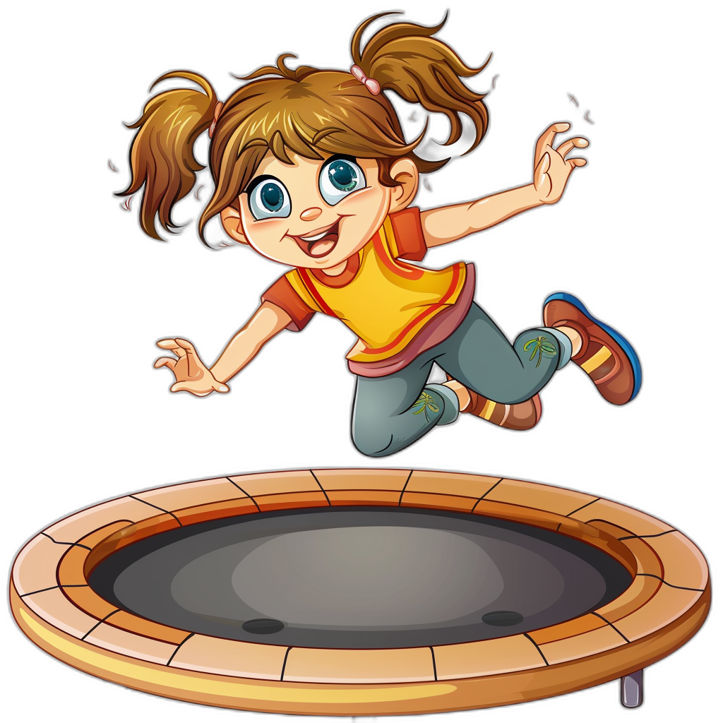 A cartoon girl jumping on the trampoline in a vector illustration style with a black background. She has big eyes and long brown hair in pigtails. She wears an orange shirt underneath blue jeans. The bouncy surface of the trampoline is shown, isolated on a white background, in the style of a Vector Illustration.