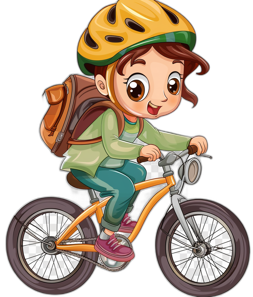 A cute happy cartoon girl wearing a helmet and a green shirt is riding her bike in the style of clip art for stickers on a black background.