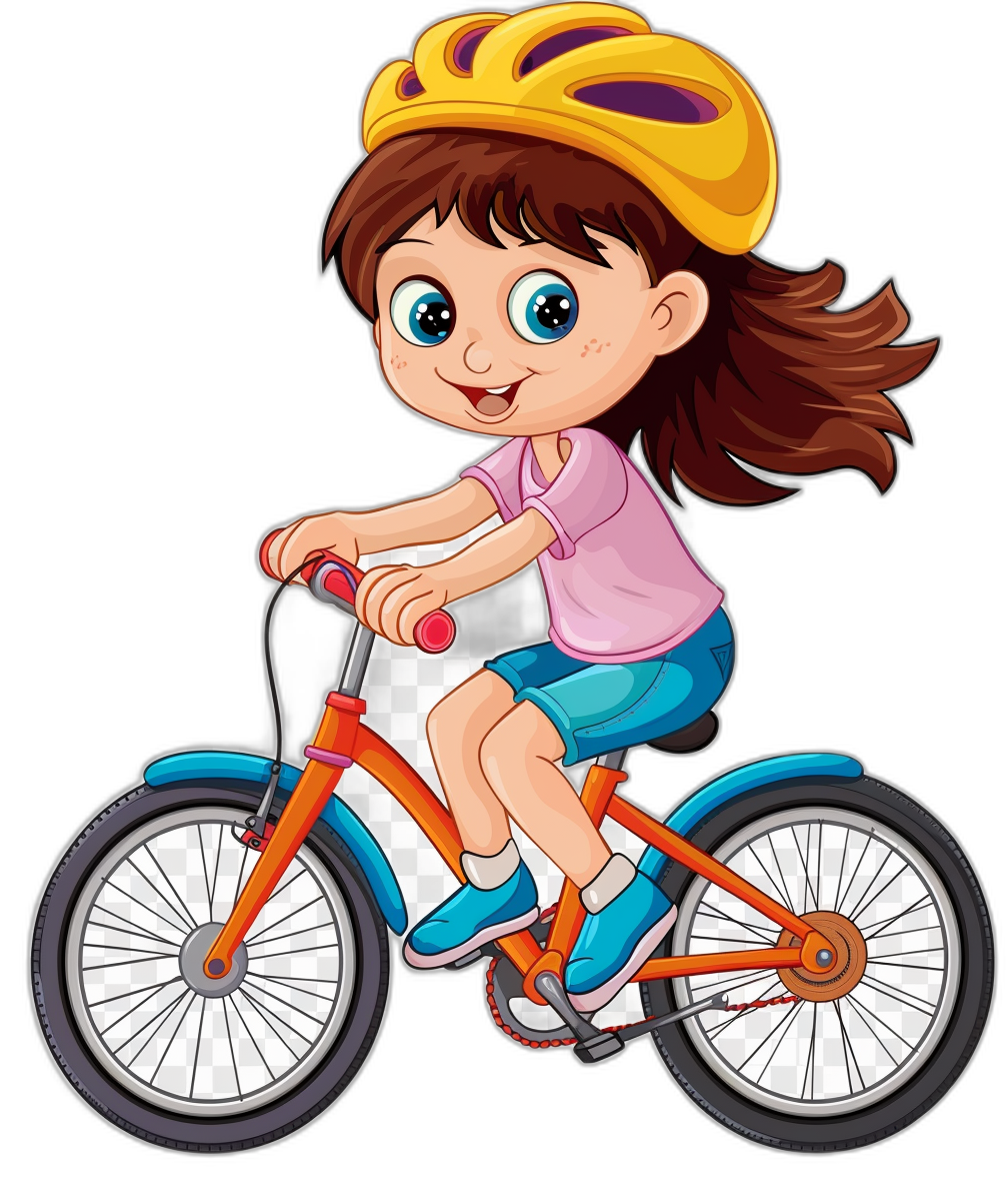 A cute cartoon girl riding her bike with a helmet on, in the style of clip art, isolated against a black background.