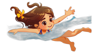 A cute little girl is swimming in the water, in the cartoon style, in the style of Disney, with simple strokes, on a black background, with high quality, bright colors, cute expressions, and clear details. The entire body of the character can be seen clearly, with brown hair tied into two pigtails adorned with yellow bows. She wears a blue swim attire that flutters gently as she swims through the sea. Her eyes sparkle with joy while her mouth grins wide.