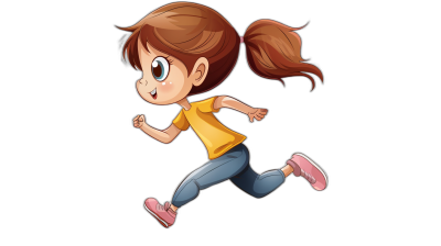 A cute little girl is running, simple flat cartoon style, vector illustration with black background, simple lines, colorful animation stills, high resolution, cartoon character design, bold and expressive characters, simple , low detail, simple facial expressions. It has a pink shoes on the feet. She wears blue jeans and yellow t-shirt. Her hair is brown in color and she have long pigtails that fall down her back to one side of his head. He runs fast, smiling happily. full body shot