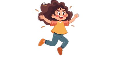 Cute girl cartoon character jumping up with a happy expression against a black background in the style of a flat illustration. The style uses simple lines and shapes with a high saturation color scheme in a full body portrait of the cartoon character. The character is depicted in bright colors with lively movements in  and at a high-definition resolution.