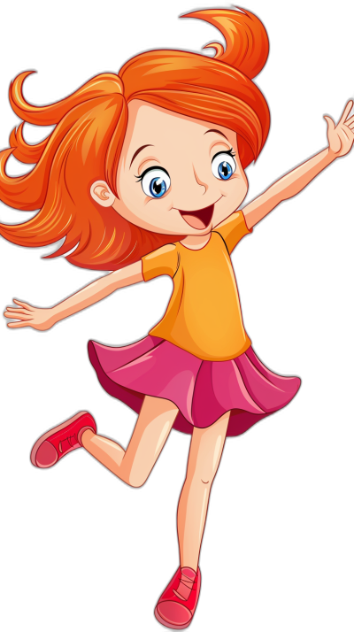 a cute girl cartoon character with red hair, orange shirt and pink skirt jumping on black background