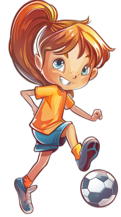 cartoon style, vector design of an athletic girl playing soccer on a black background, wearing an orange t-shirt and blue shorts with white stripes, big eyes, smiling face, chibi character design with low detail on the head, cartoon hands, short hair in a ponytail, running pose kicking a ball, full body shot, isolated element in the style of a cartoon.