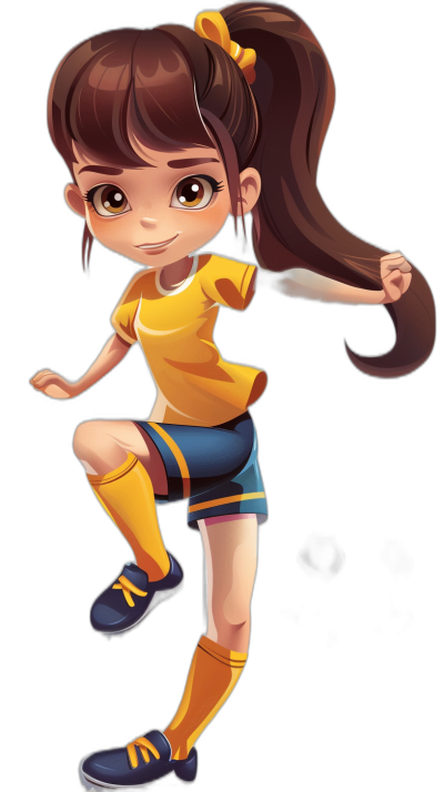 cartoon girl character, brown hair in a ponytail with bangs wearing a yellow t-shirt and blue shorts, long socks, high heels shoes, playing soccer in the style of chibi, full body shot, black background, 2d game art