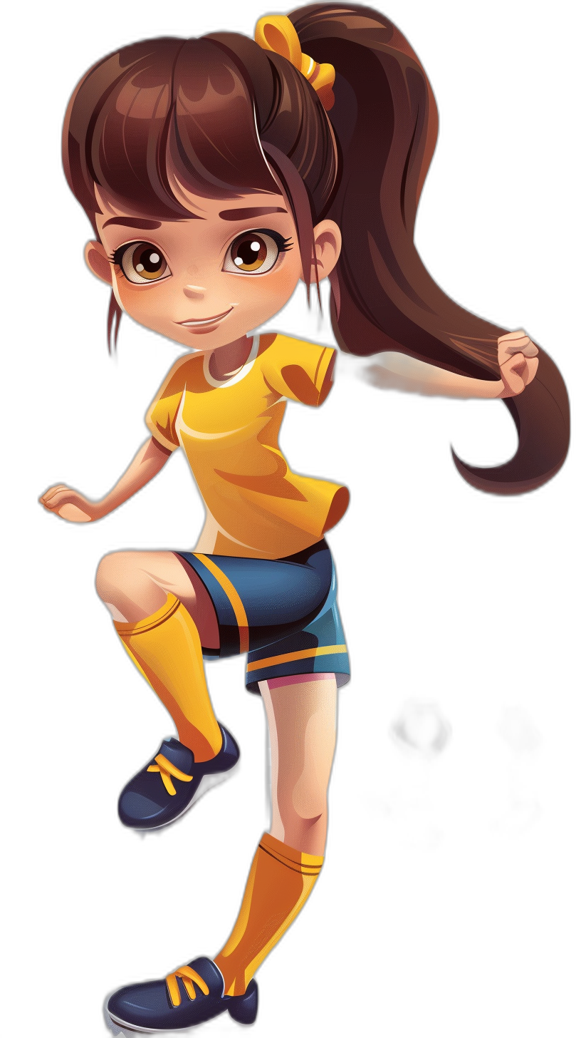 cartoon girl character, brown hair in a ponytail with bangs wearing a yellow t-shirt and blue shorts, long socks, high heels shoes, playing soccer in the style of chibi, full body shot, black background, 2d game art