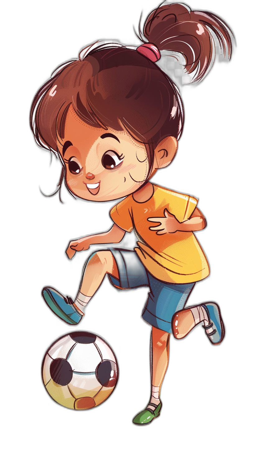 cartoon, chibi style drawing of an Asian girl playing soccer on a black background in the style of an Asian artist.