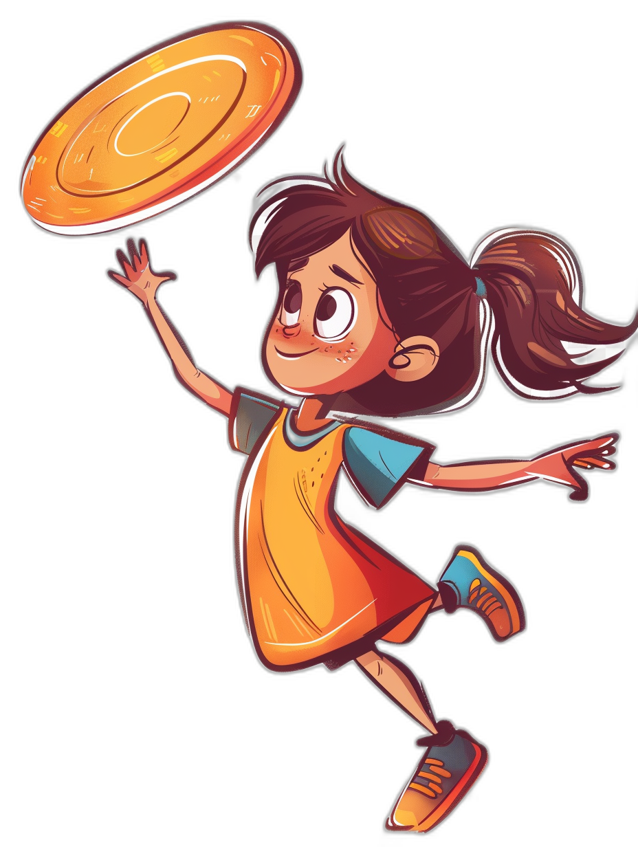 A cute girl playing frisbee in the style of Pixar, cartoon illustration on a black background, clipart.