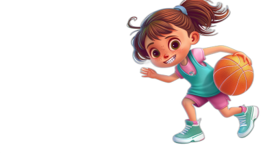 A cute little girl playing basketball, smiling and running with the ball in her hand, in a cartoon style, against a black background, in a 2D game art style, in the style of Disney Pixar animation, with colorful , as a full body portrait, in a simple illustration style, with a high-end color scheme, at a high-definition resolution, 30K.