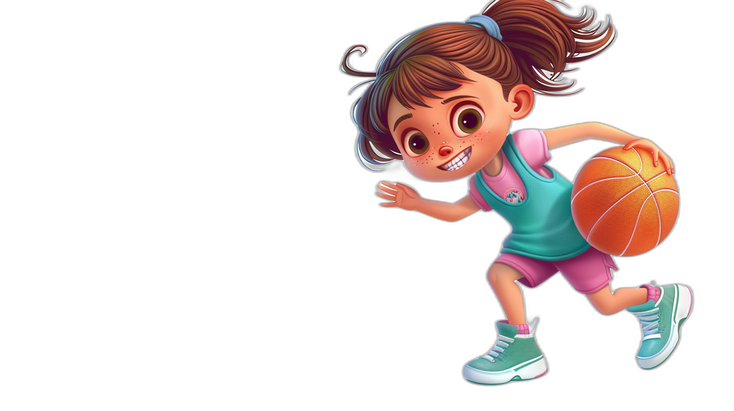 A cute little girl playing basketball, smiling and running with the ball in her hand, in a cartoon style, against a black background, in a 2D game art style, in the style of Disney Pixar animation, with colorful , as a full body portrait, in a simple illustration style, with a high-end color scheme, at a high-definition resolution, 30K.