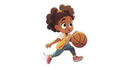 A cute African American girl playing basketball in a full body shot. The illustration is in a flat style on a simple black background. It is a 2D art vector that could be used for a character sheet in a children's book, cartoon, or animation character design. She is wearing a white shirt and yellow vest with pink shoes and has curly hair in a ponytail hairstyle, in the style of Pixar.