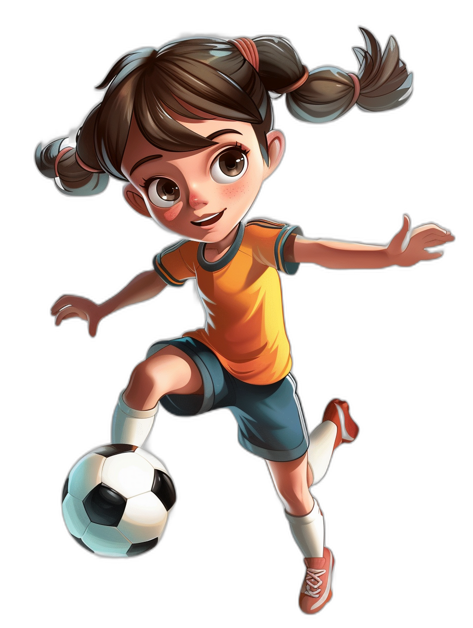 A cute girl in her football outfit, kicking the ball for action, in the style of Disney cartoon character on a black background, 2d game art, lively and energetic. She has brown hair with pigtails tied in two ribbons that make up one ponytail. Her eyes have an expression of determination as she makes contact with the soccer ball, ready to shine at the next match day. The overall color scheme is a bright yellow t-shirt and blue shorts. Full body portrait. Isolated object. Black isolated background.