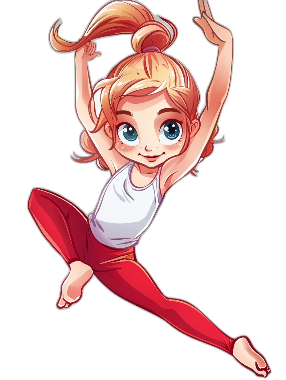 chibi cartoon character of an athletic young girl with blonde hair in pigtails, she is wearing red leggings and white shirt doing the flying pose on black background