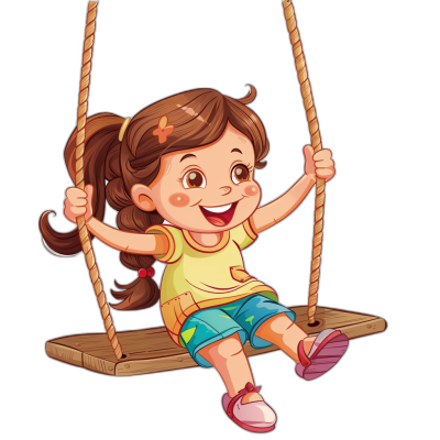 A cute happy cartoon girl swinging on a swing in the style of clip art with a black background.