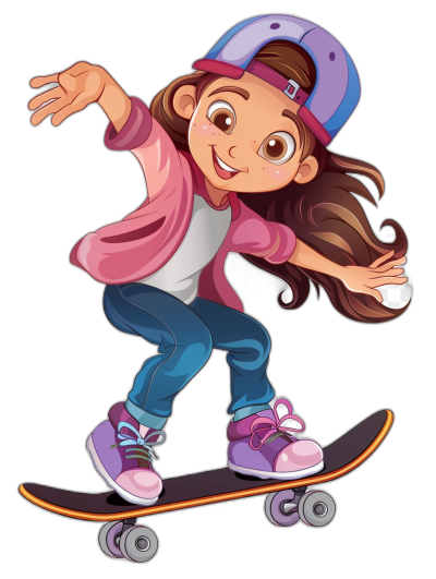 Cute cartoon girl on a skateboard, wearing a cap and jacket in the style of clip art with a black background. She has long brown hair in pigtails, big eyes, smiling, pink shoes, blue jeans, a white shirt underneath her , wearing sneakers. The colors of her outfit include purple, magenta, light gray, dark green, sky-blue, navy blue, hot-pink, orange, yellow, red. In vector graphics.